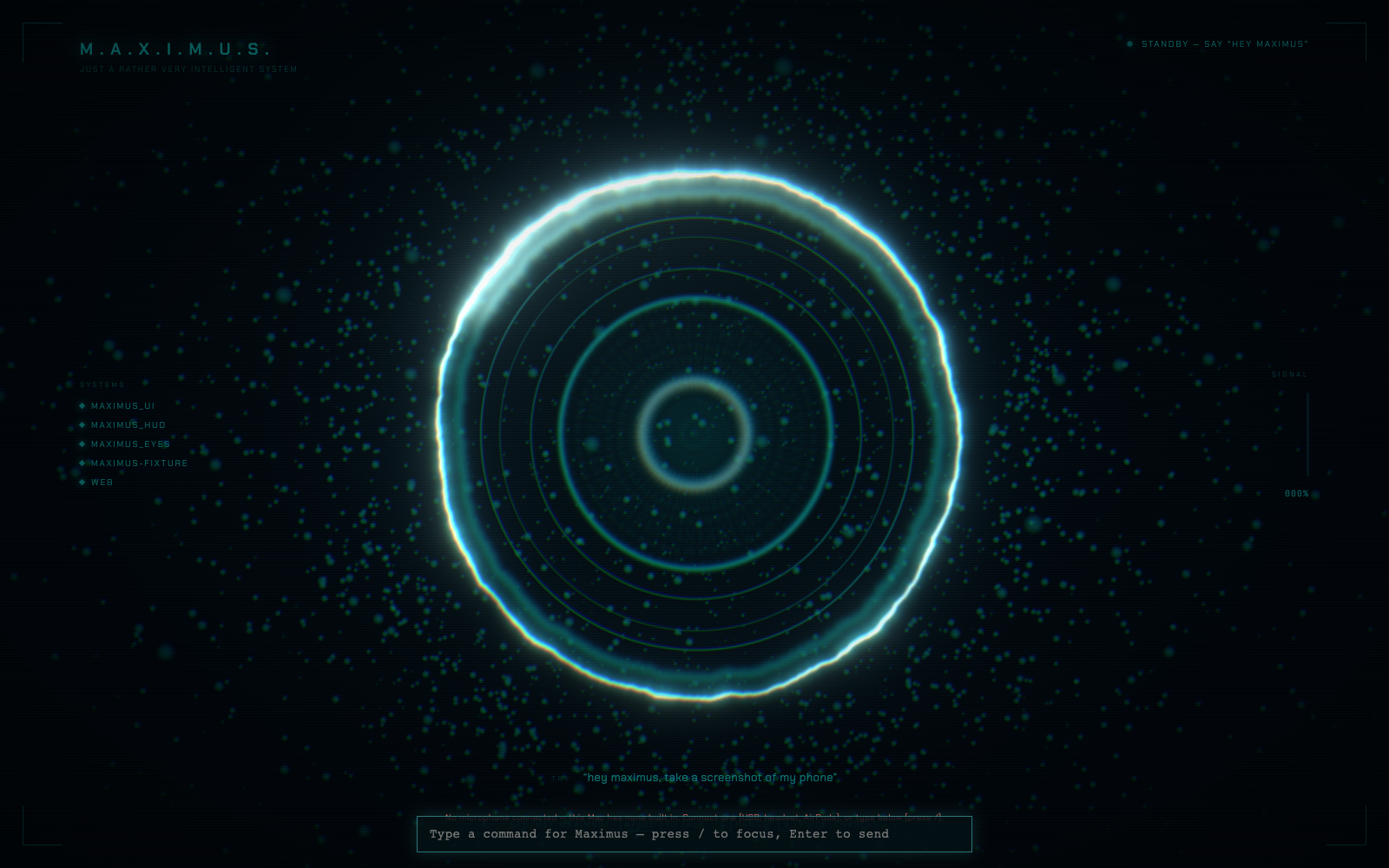 Maximus development application showing its cyan reactor, voice status, systems rail and command input